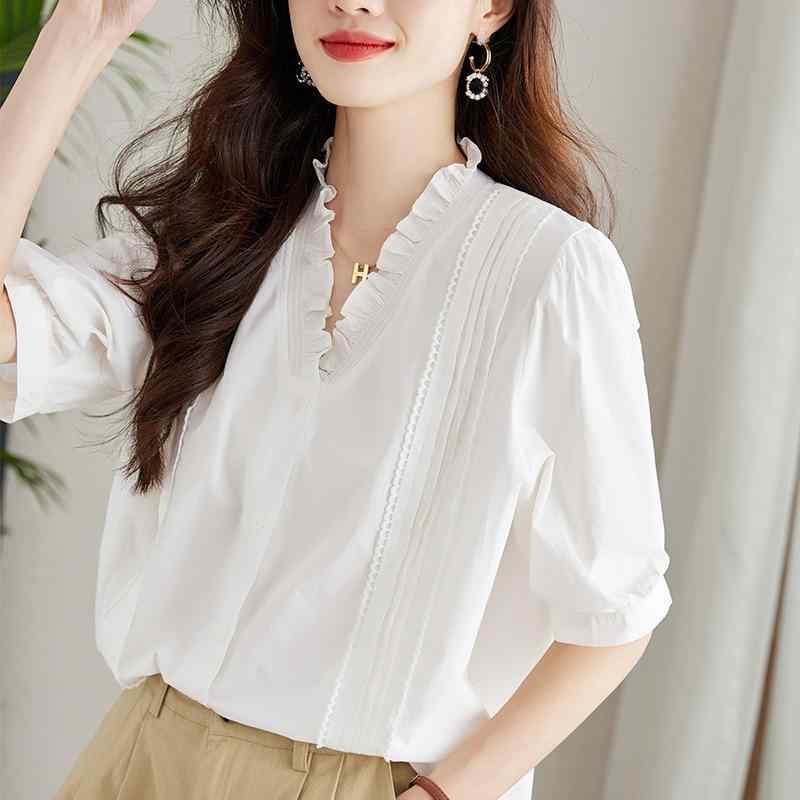 シャツ レディース Vネック 半袖 ブラウス フリル パフスリーブ 切り替え ゆったり ルーズシルエット ホワイト 春夏 綿混 きれいめ 上品 体型カバー 通勤 オフィス トップス