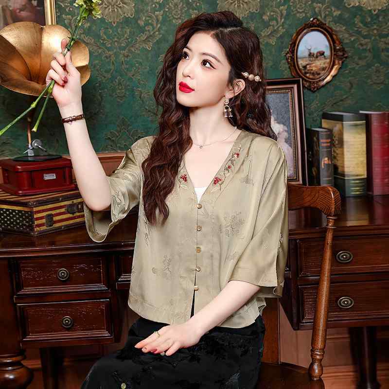 シャツ レディース 新チャイナ風 刺繡 レトロ 中華風 トップス 調 ポリエステル ゆったり 七分袖 Vネック パフスリーブ 大人カジュアル 春夏 白 黒 緑
