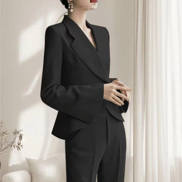 セットアップ レディース フレンチレトロ エレガント ジャケット 長袖 ハイウエスト ワイドパンツ 長パンツ 綿混 ポリエステル 切り替え 無地 春夏 ブラック 通勤 オフィス
