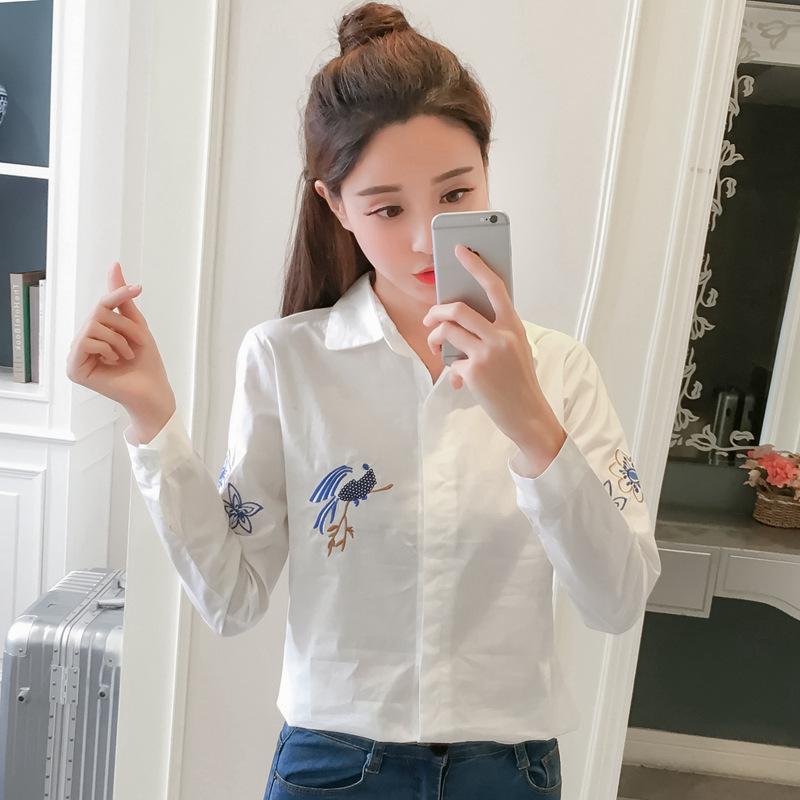シャツ レディース 春夏 韓国 刺繡 花鳥 民族風 ゆったり ルーズ 着痩せ ナチュラル 清新 長袖 綿 コットン ブラウス