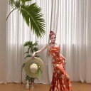 ワンピース レディース ホルターネック ロング丈 バックレス 花柄 オレンジ ポリエステル素材 セクシー ハイウエスト リゾートスタイル ビーチ 春夏
