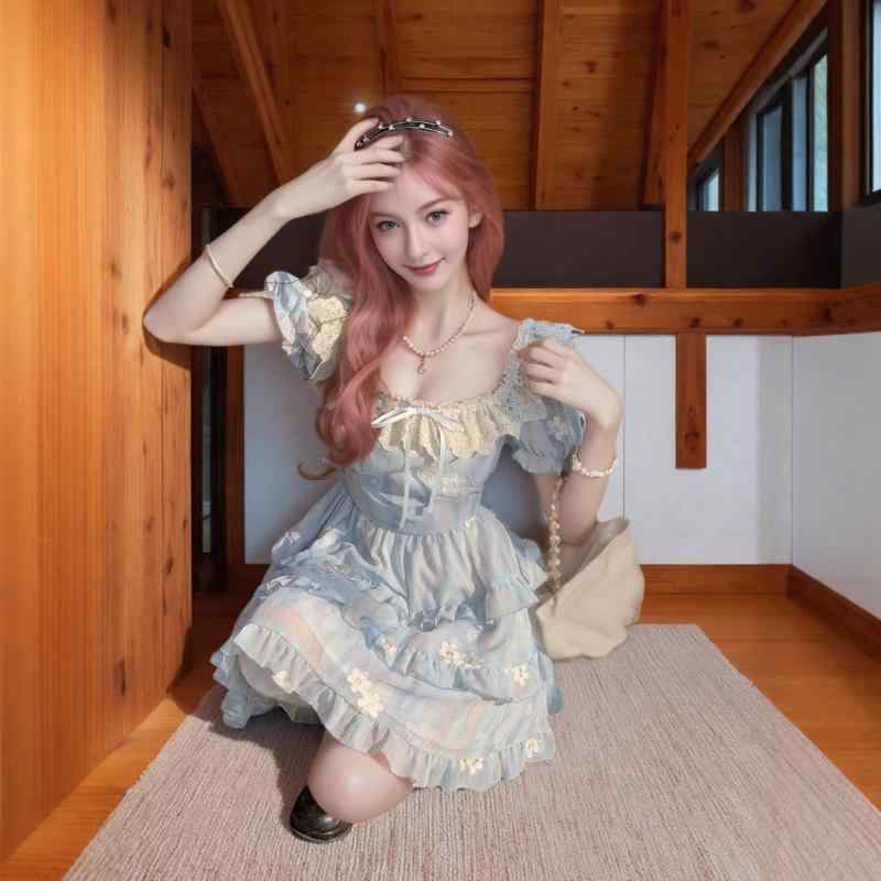 ワンピース ブルー スクエアネック レース 花柄 切り替え フレア ミニ丈 ショートベルスリーブ ウエストゴム ポリエステル 春夏 フェミニン