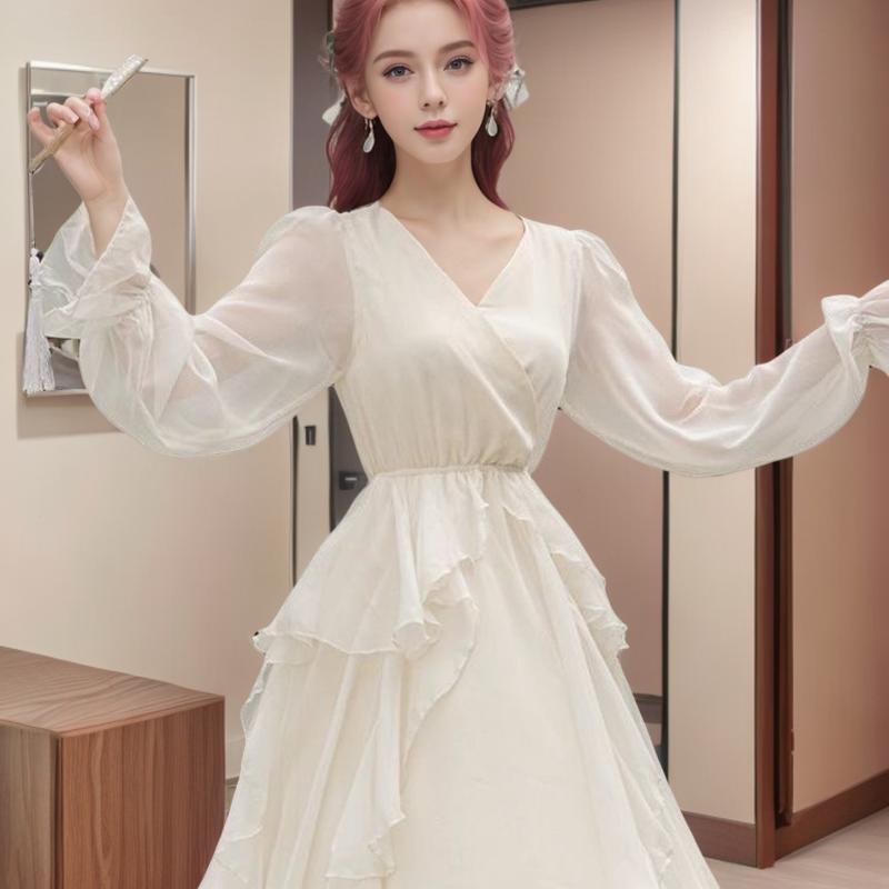 ワンピース レディース 中国風 Vネック フリル 切り替え ハイウエスト ミディ丈 上品 エレガント レト..