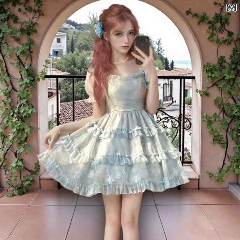 ワンピース レディース スクエアネック 半袖 ラッパ袖 ウエストマーク 切り替え 花柄 フレアデザイン ポリエステル ブルー フェミニン ガーリー 普段使い デート お出かけ 体型カバー 春夏