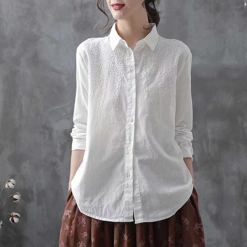 シャツ レディース 春夏 綿 コットン 刺繍 長袖 ゆったり オーバーサイズ 着回し POLO襟 白 トップス カジュアル きれいめ 通勤 オフィス 普段使いのサムネイル