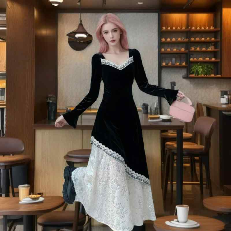 ワンピース レディース レトロ ヴィンテージ風 切り替え レース ブラック ミディ丈 Aライン 長袖 フレアスリーブ スクエアネック スリムフィット 上品 エレガント 秋冬