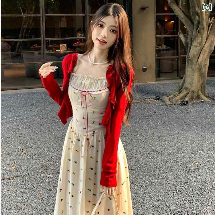 スカート セットアップ レディース レトロ 刺繡 レース キャミソール ミモレ丈 ワンピース 長袖 カーディガン ポリエステル 花柄 レッド 秋冬