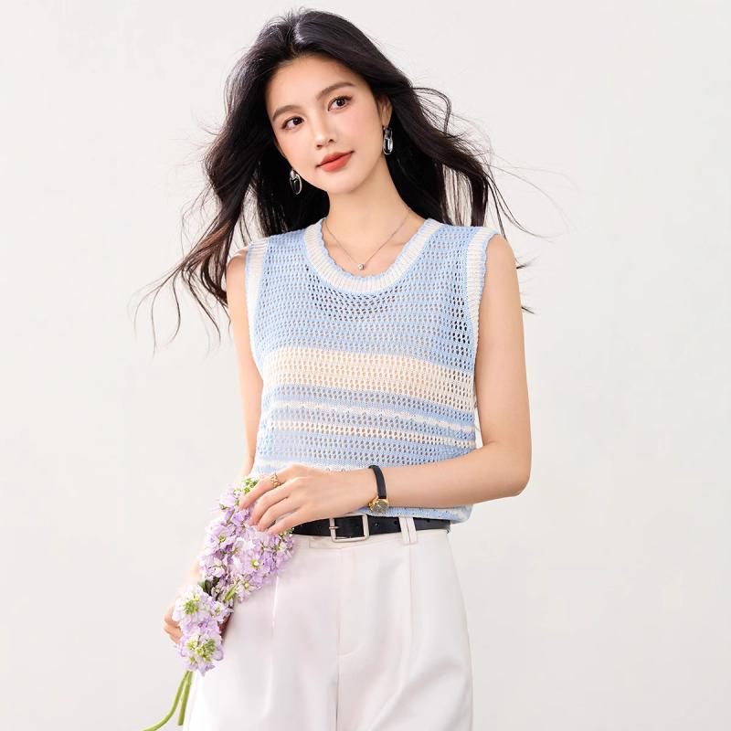 ベスト レディース カラフルストライプ 透かし編み サマーニット 接触冷感 ショート丈 ノースリーブ 体型カバー ゆったり 薄手 大人カジュアル きれいめ 春夏 ブルー ブラック(4)
