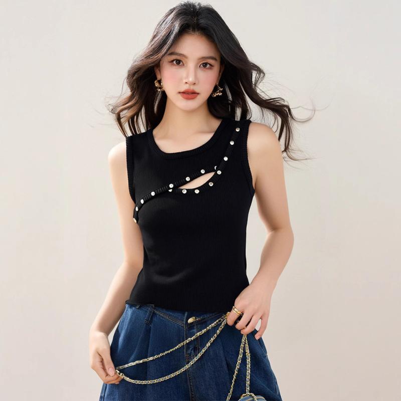 ニットキャミソール レディース 春夏 ブラック スタッズ装飾 透かし編み セクシー タイトフィット 綿混..