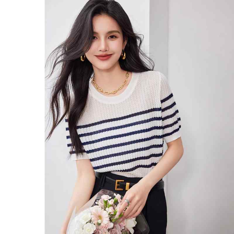 ニットトップス レディース 女性用 半袖 カットソー ボーダー ストライプ 接触冷感 クルーネック ショート丈 ゆったり パフスリーブ 切り替え カジュアル 春夏(4)