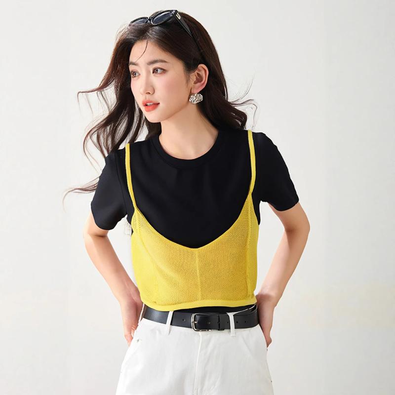 Tシャツ ニットキャミソール セットアップ レディース クルーネック 半袖 接触冷感 ゆったり ショート..