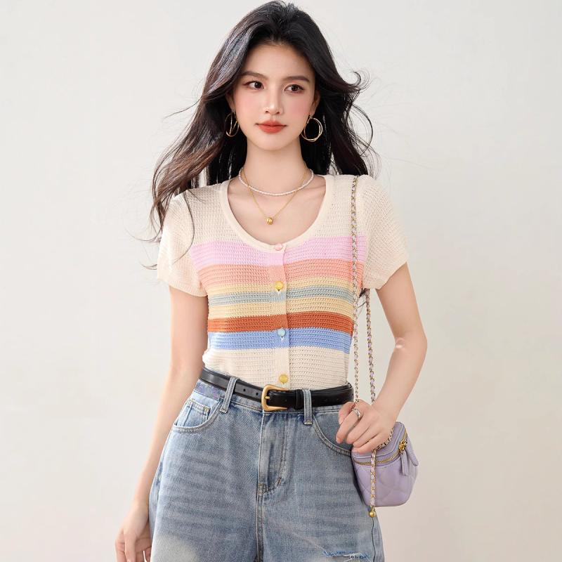 Tシャツ レディース クルーネック 半袖 ショート丈 スリムフィット レインボーボーダー 配色切り替え 接触冷感 ニット ポリエステル ポリウレタン 夏 きれいめカジュアル
