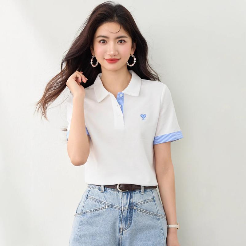 ポロシャツ レディース 半袖 レトロ バイカラー 切り替え フェイクレイヤード デザイン 接触冷感 ショート丈 ポリエステル トップス 春夏