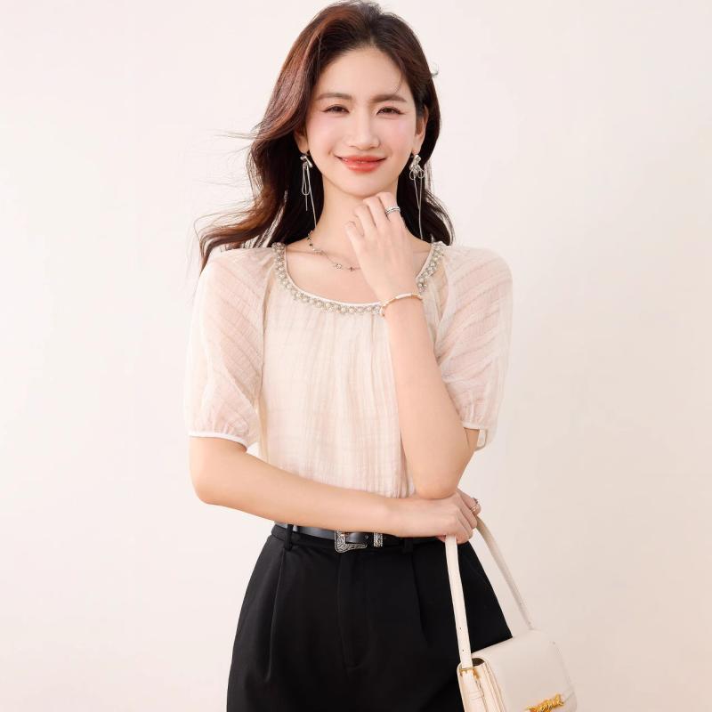 Tシャツ レディース パール パフスリーブ 半袖 フレンチガーリー スウィート 上品 エレガント ショート丈 クロップド 小柄 シフォン ポリエステル スクエアネック きれいめ 通勤 オフィス カジュアル ベージュ 春夏 トップス(4)