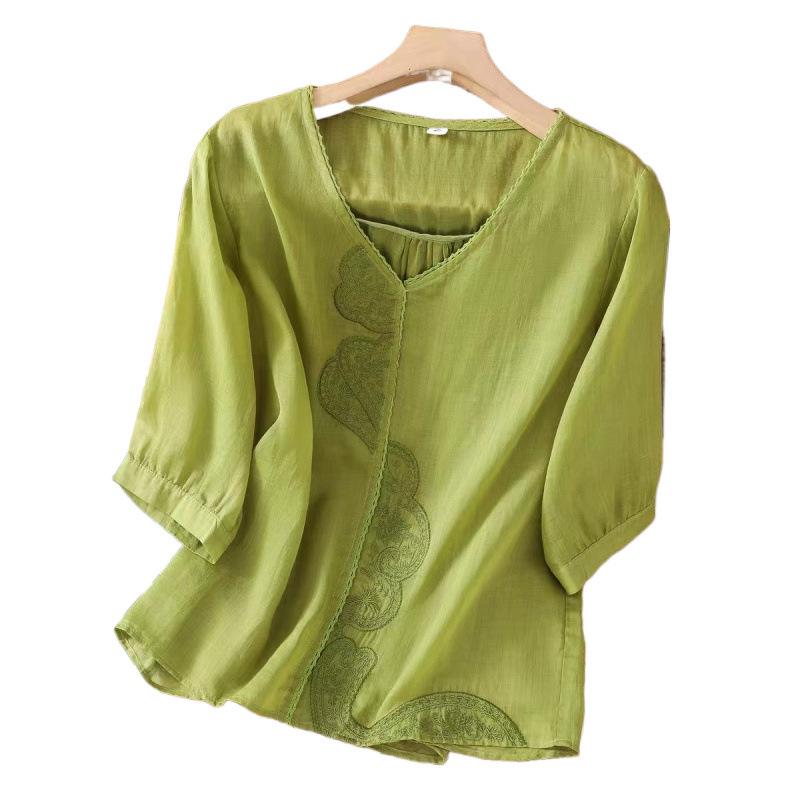 シャツ 春夏 レトロ アンティーク風 チャイナ風 刺繡デザイン 盤留め 斜め前開き 切り替え ゆったり オーバーサイズ Vネック 五分袖 ショート丈 綿麻 ブラウス カジュアル