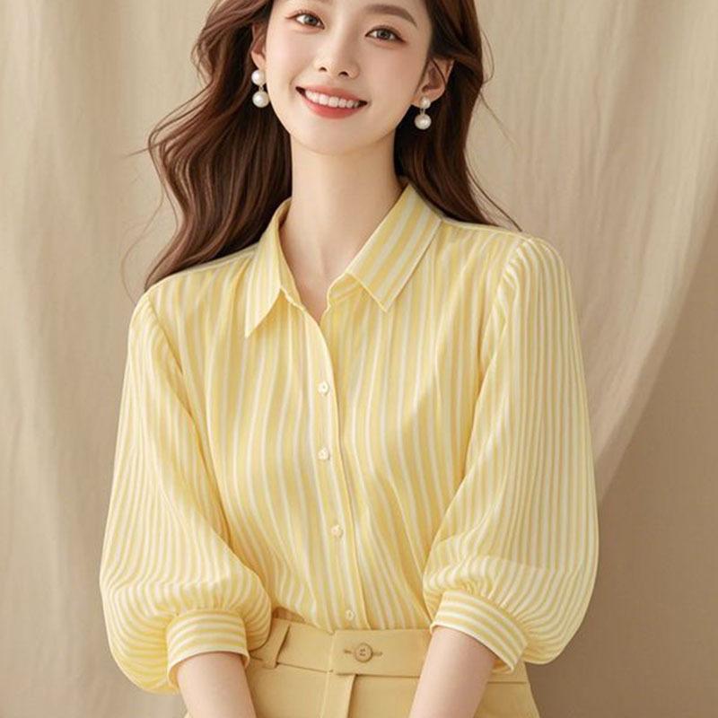 シャツ レディース 春夏 フレンチスタイル ポロ襟 五分袖 ショート丈 パフスリーブ イエロー ストライプ柄 ブラウス 高級感 上品 きれいめ カジュアル オフィス 通勤 爽やか マカロンカラー トップス