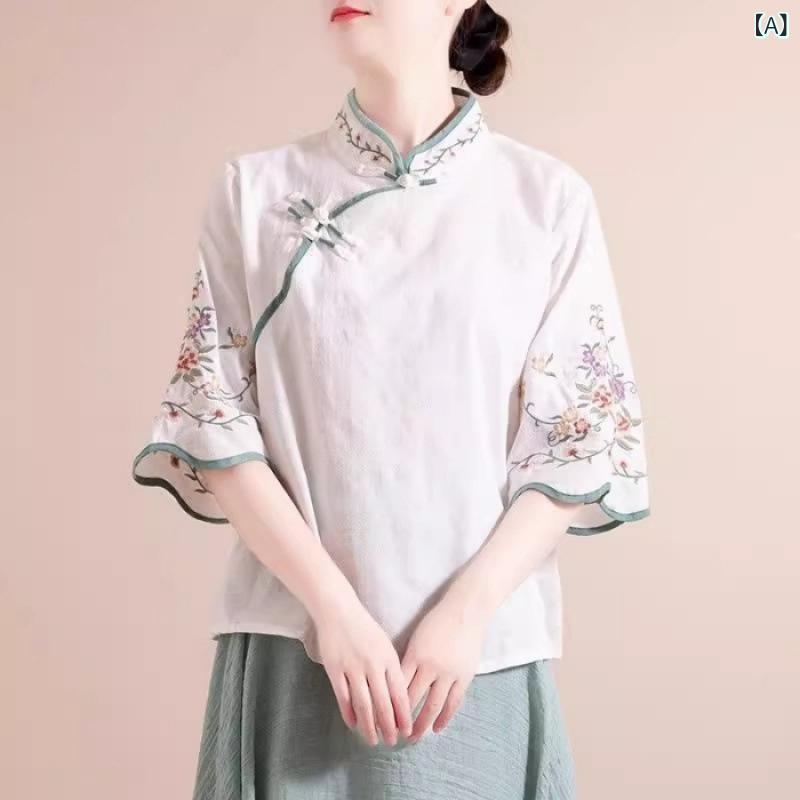 ブラウス ミセス チャイナ風 レトロ 刺繡 花柄 チャイナボタン 斜め前開き ゆったり 五分袖 スタンドカラー コットンリネン 普段使い 春夏 白 黄 緑 ピンク