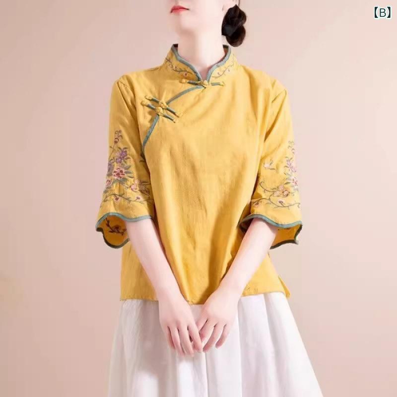ブラウス ミセス チャイナ風 レトロ 刺繡 花柄 チャイナボタン 斜め前開き ゆったり 五分袖 スタンドカラー コットンリネン 普段使い 春夏 白 黄 緑 ピンク