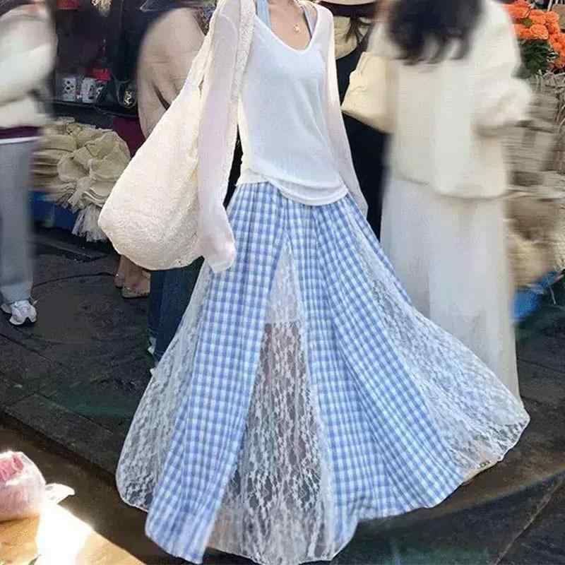 ロングスカート レディース レース 切り替え ブルー チェック柄 ハイウエスト マキシ丈 フレアシルエット エレガント 上品 細見え スタイルアップ フェミニン 春夏 ポリエステル 普段使い 通勤