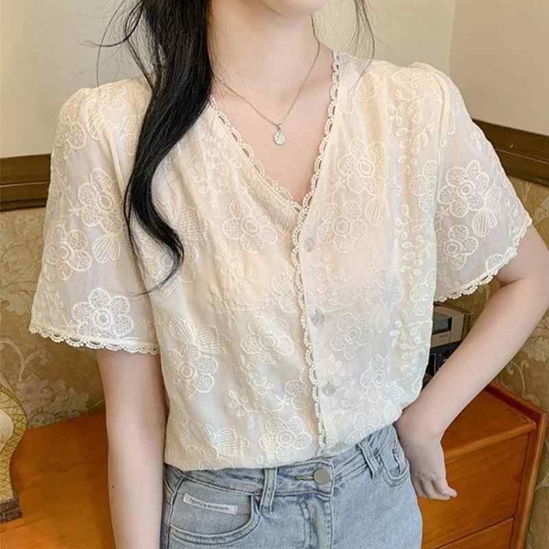 ブラウス レディース エレガント 花柄 刺繍 レース 前開き 半袖 Vネック ショート丈 ポリエステル ゆったり 大きいサイズ 体型カバー サマー きれいめ カジュアル 通勤 オフィス アプリコット