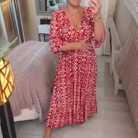 レディース ワンピース Vネック 小花柄 ゆったり ロング丈 マキシ丈 リゾート ビーチスタイル 春夏 ポリエステル 五分袖 ハイウエスト ウエストゴム 大きいサイズ 体型カバー きれいめ