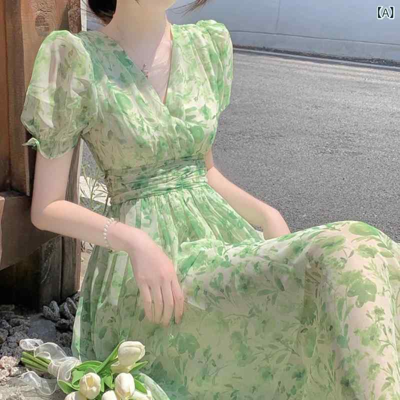 ワンピース レディース フレンチスタイル シフォン 花柄 Aライン Vネック パフスリーブ 半袖 切り替え プリーツ デザイン エレガント フェミニン ミディ丈 グリーン 夏
