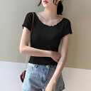 Tシャツ レディース 春夏 接触冷感 薄手 レーヨン混 リブ 半袖 フリル袖 ラウンドネック 細見え スリムシルエット ショート丈 トップス 着回し カジュアル