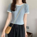 Tシャツ レディース 接触冷感 再生繊維 クルーネック 半袖 スリム タイト シンプル おしゃれ きれいめ 着痩せ 体型カバー 配色切り替え リブ編み 着回し ...