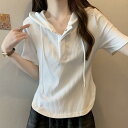 Tシャツ レディース フード付き 半袖 ゆったり 大きいサイズ 細見え 体型カバー 普段使い 着回し カジュアル トップス ポリエステル 春夏 黒 白