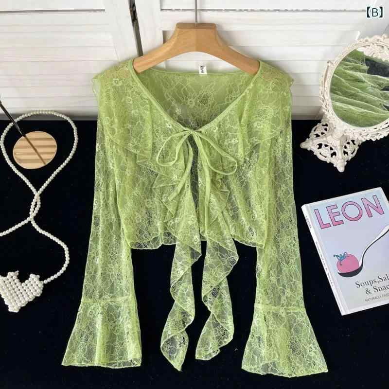 カーディガン レディース UVカット 春夏 長袖 薄手 レース フレアスリーブ リボン フリル 羽織り ポリエステル かわいい フェミニン 普段使い デイリーユース 冷房対策