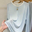 Tシャツ レディース バイカラー ストライプ ゆったり ラウンドネック 長袖 UVカット 紫外線対策 ポリエステル トップス ブルー 春夏 きれいめカジュアル