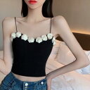 キャミソール レディース 女性用 立体ローズ ショート丈 タイトフィット フレンチスタイル セクシー インナー アウター ポリエステル 無地 切り替え アシンメ...