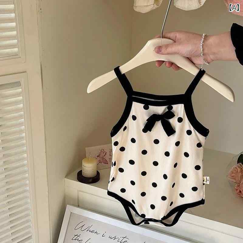 ロンパース 女の子 ベビー 夏 薄手 ノースリーブ かわいい リボン カバーオール ボディスーツ リヨセル 再生繊維 ドット柄 カジュアル 部屋着