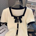 Tシャツ レディース きれいめ 上品 スクエアネック 半袖 フリル袖 ショート丈 ニットトップス 接触冷感 アクリル素材 スリムフィット 通勤 オフィススタイル...