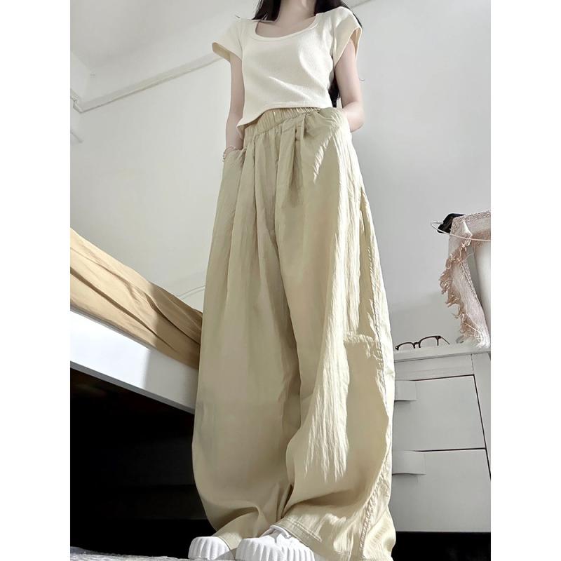 パンツ レディース 春夏 塩系 カジュアルパンツ ゆったり ワイドパンツ ロング丈 ポリエステル 微スト..