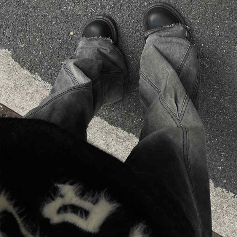 デニムパンツ 男女兼用 ブーツカット ワイド ハイウエスト マキシ丈 ブラック グレー グラデーション レトロ ヴィンテージ風 ストリート カジュアル