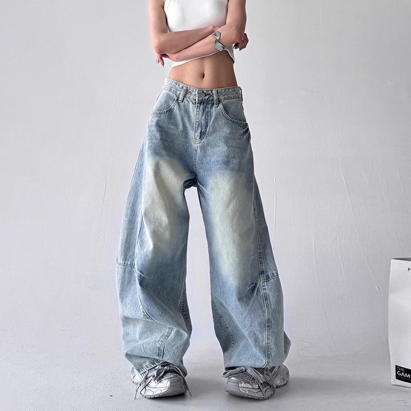 デニムパンツ レディース ストリートファッション ヒップホップ ウォッシュ加工 カーブワイド ハイウエスト ルーズシルエット コットン ライトブルー 春夏 カジュアル 普段使い 微ストレッチ ポケット付き