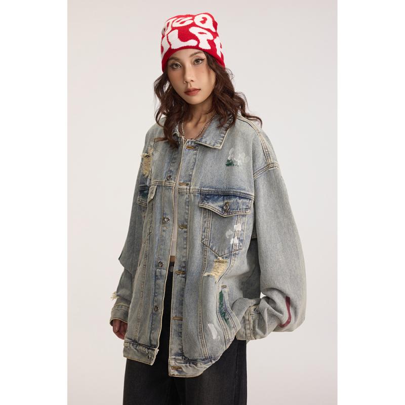 Gジャン レディース ダメージ加工 ペイント加工 ストリートファッション トレンド ルーズシルエット ゆったり ビッグシルエット コットン ブルー 青 春秋 長袖 襟付き ポケット付き 羽織り レギュラー丈