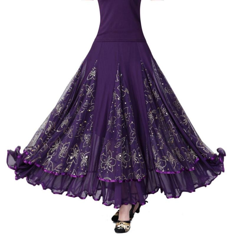 ダンススカート レディース 社交ダンス モダン スタンダード ロング丈 フレアスカート 練習着 レッスン 発表会 舞台衣装 メッシュ スパンコール