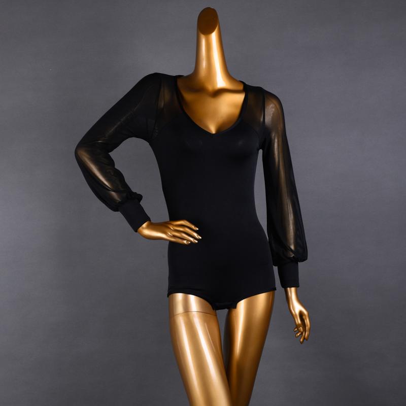 ダンスウェア レディース 社交ダンス ラテンダンス 長袖 Vネック シアーメッシュ パフスリーブ チャチャ トップス 練習着 レッスンウェア 舞台衣装 パフォーマンス 大人 女性用 フィットネス 発表会 体型カバー