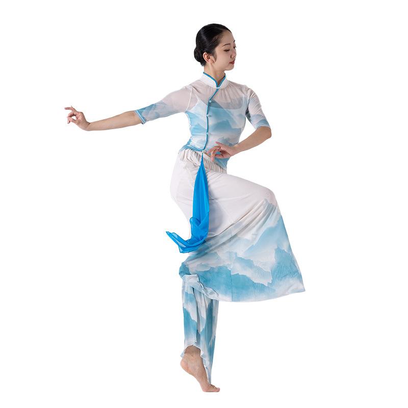 ダンスウェア レディース 古典 ダンス衣装 中華風 水墨画風 青白 バックオープン メッシュ 発表会 舞台..