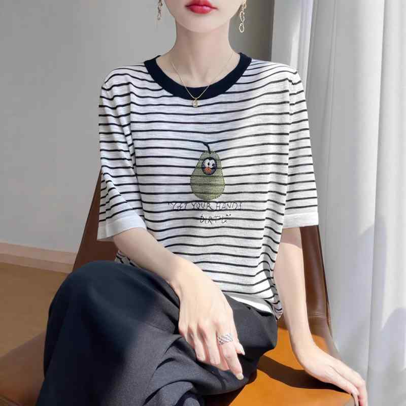 Tシャツ 半袖 クルーネック プルオーバー 竹繊維 麻 薄手 接触冷感 吸湿速乾 アボカド柄 キャラクター ストライプ ボーダー 刺繍 ジャカード デザイン 日韓カジュアル シンプル 春夏