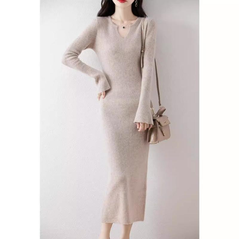 ワンピース レディース 秋冬 ウール カシミヤ ニット セーター ロング丈 マキシ丈 長袖 Iライン リブ 上品 エレガント 通勤 オフィス デイリー 高見え 保温 暖かい 体型カバー