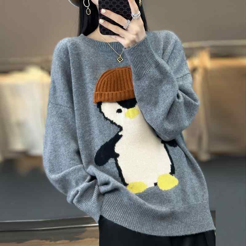 ニットセーター レディース 丸首 長袖 ゆったり オーバーサイズ フード付き 立体ペンギン ジャガード織..