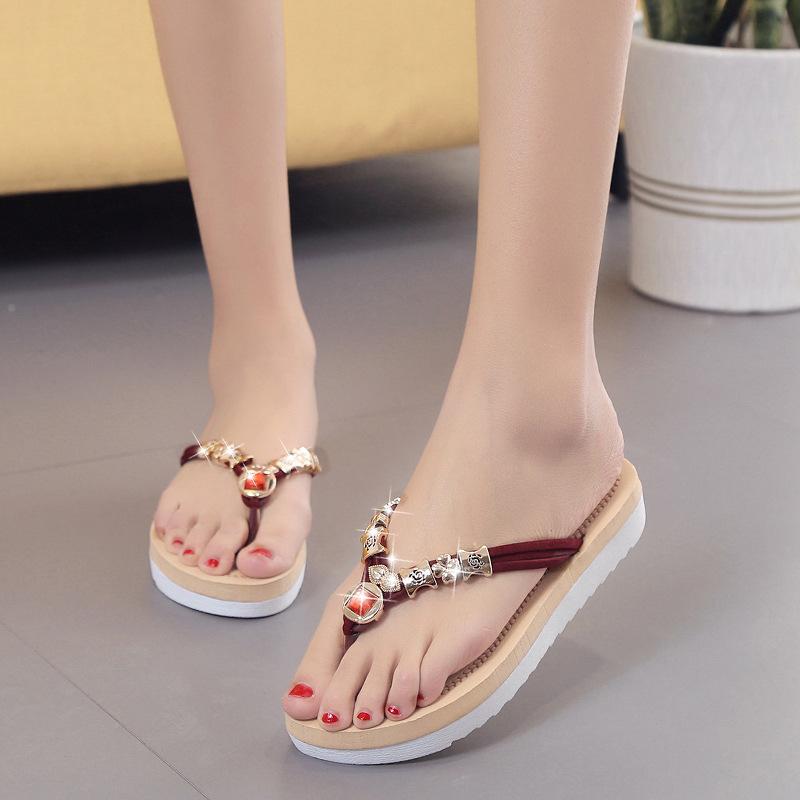 サンダル レディース 女性用 ボヘミアン フラットソール ぺたんこ ラインストーン ビジュー トング 鼻..