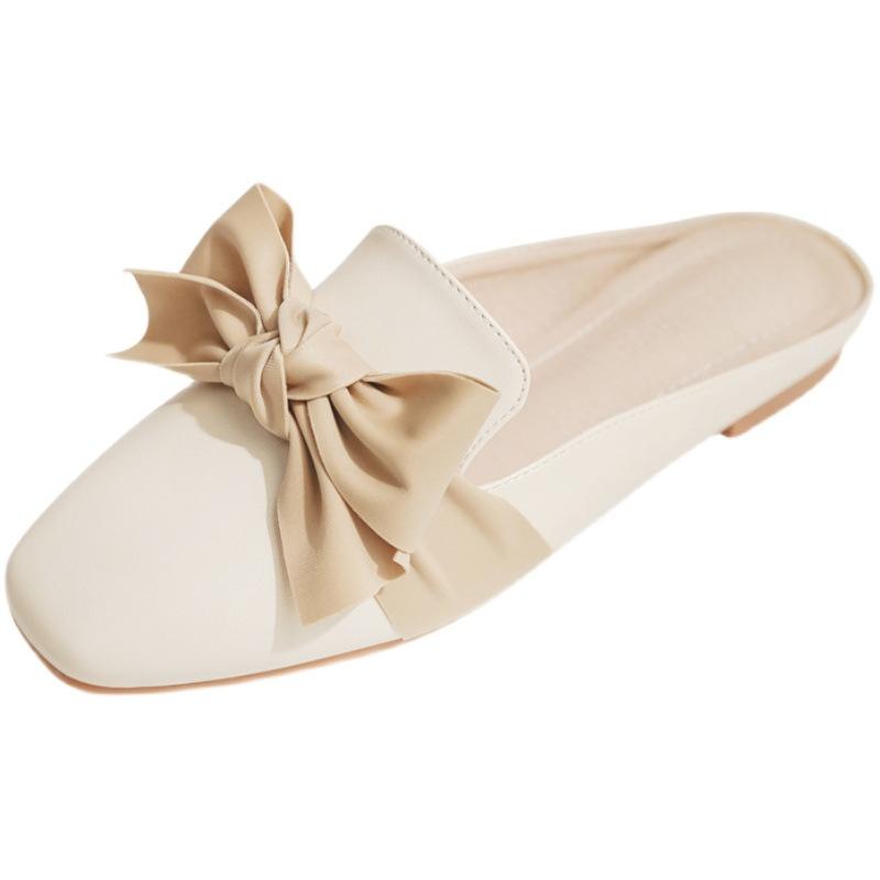 ミュールサンダル レディース パール リボン つま先カバー フラット ぺたんこ 楽ちん 普段使い 外履き カジュアル おしゃれ 通気性 フェイクレザー 大きいサイズ 春夏