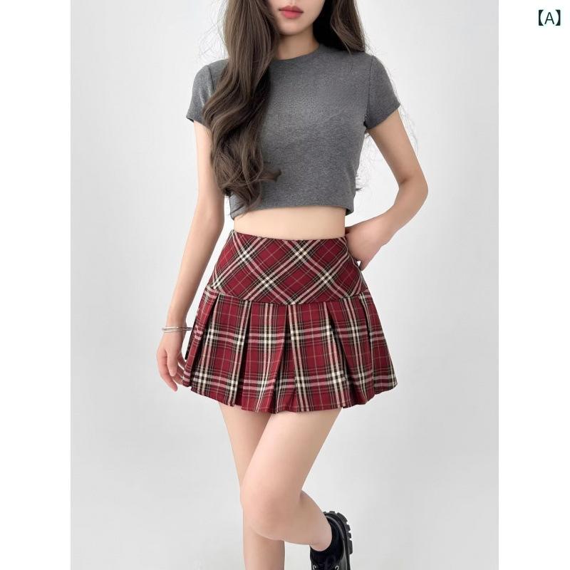 おうち健康生活のスカート レディース レトロ アメリカン チェック柄 プリーツ Aライン ミニスカート 春秋 トレンド JK風 スクールスタイル カジュアル レッド カーキ ポリエステル混紡 ノンストレッチ 通勤 オフィス｜アングル2
