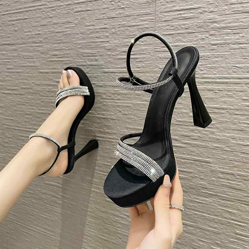 サンダル レディース エレガント ラウンドトゥ ハイヒール ピンヒール 厚底 ビジュー付きワンストラップ カジュアル 普段使い 着回し 春夏 合成皮革 ブラック ベージュ