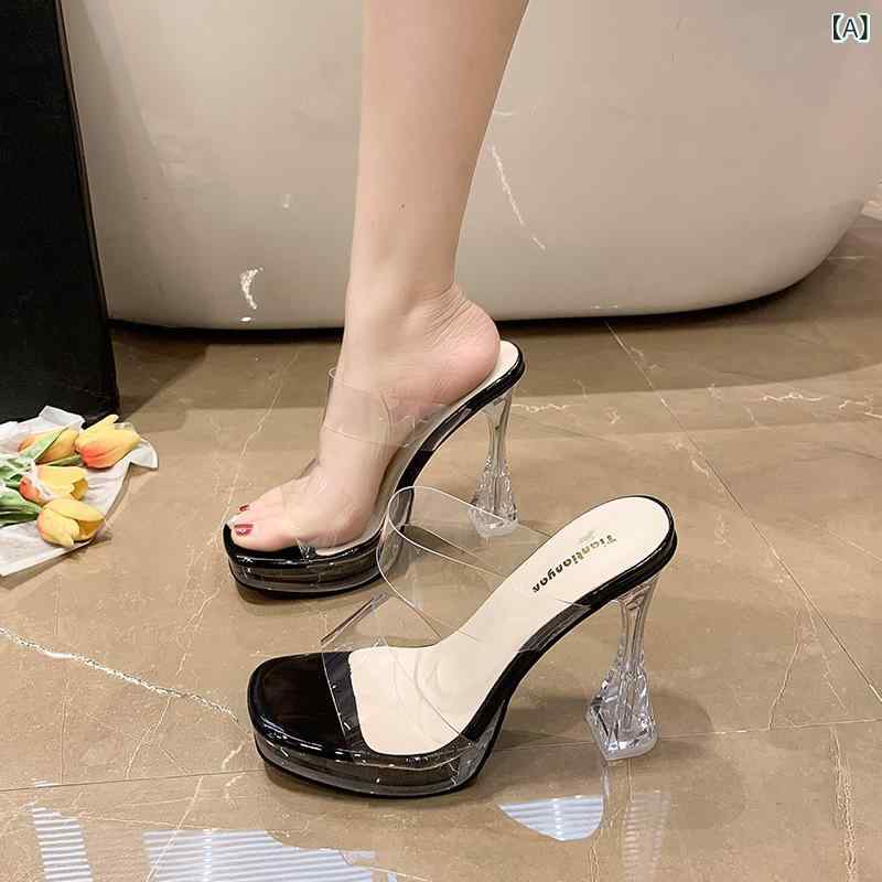 サンダル レディース ラウンドトゥ 厚底 プラットフォーム クリアストラップ 太ヒール ハイヒール カジ..
