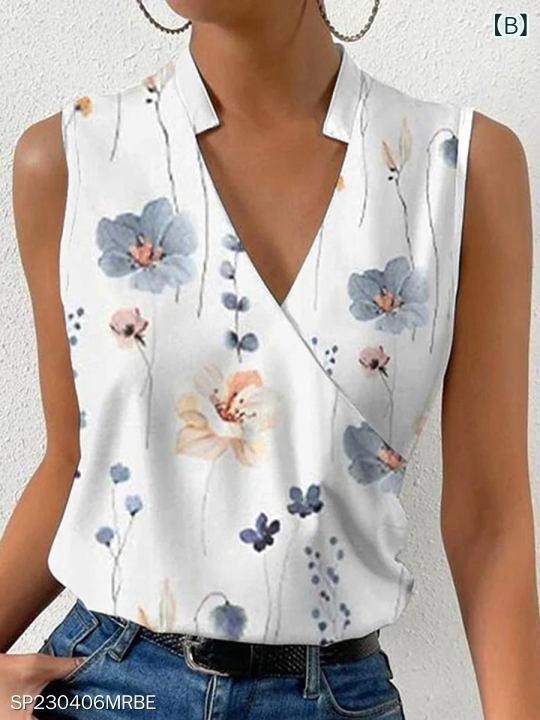 トップス レディース Vネック Tシャツ カットソー ノースリーブ プルオーバー デジタルプリント 3Dプリント 上品 エレガント カジュアル 普段使い 通勤 ポリエステル ストレートシルエット 春夏 - 3